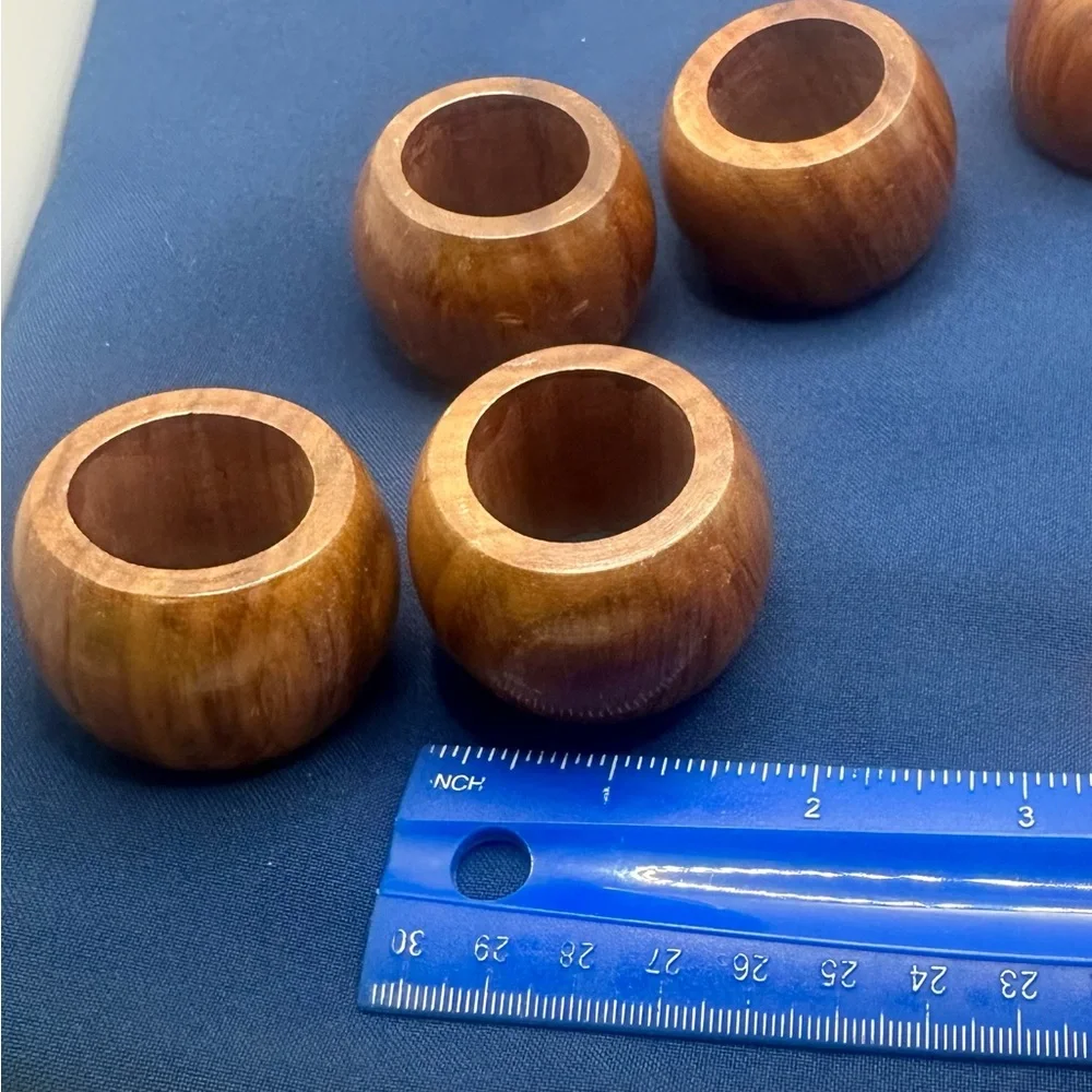 Vintage Mid-Century Modern Wooden Napkin Ring Set - 10 Piece